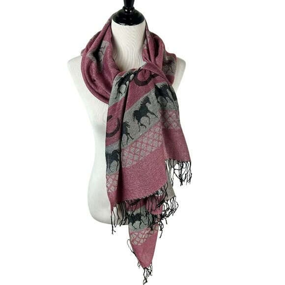 NEW Pashmina Wool Silk Scarf Wrap Purple Gray Horse Equestrian Western Boho - Picture 1 of 5